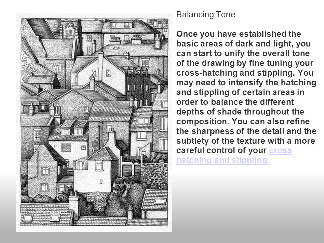 Balancing Tone Once you have established the basic areas of dark and light, you can start to unify the overall tone of the drawing by fine tuning your cross-hatching and stippling.