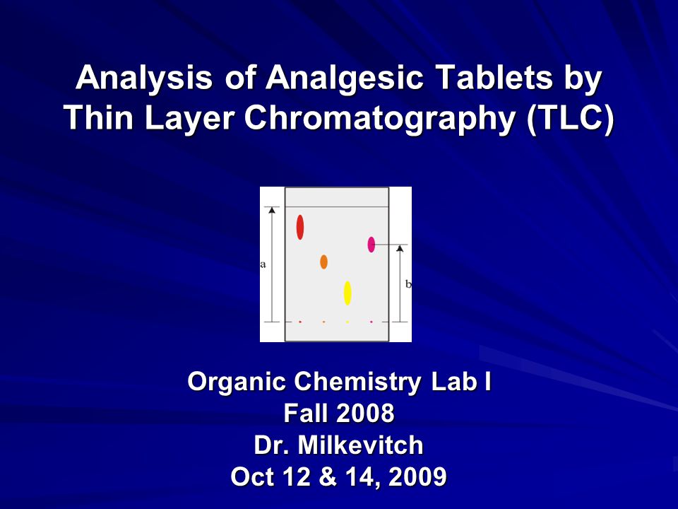 chromatography of commercial analgesics I introduction a objective the purpose of this experiment is to identify an unknown proprietary drug using thin-layer chromatography the unknown’s behavior in thin-layer chromatography will be compared with that of its possible component analgesics. chromatography of commercial analgesics I introduction a objective the purpose of this experiment is to identify an unknown proprietary drug using thin-layer chromatography the unknown’s behavior in thin-layer chromatography will be compared with that of its possible component analgesics.