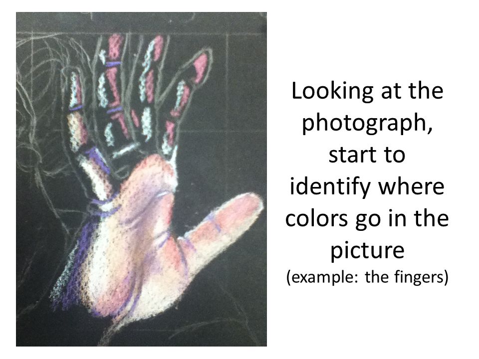 Looking at the photograph, start to identify where colors go in the picture (example: the fingers)