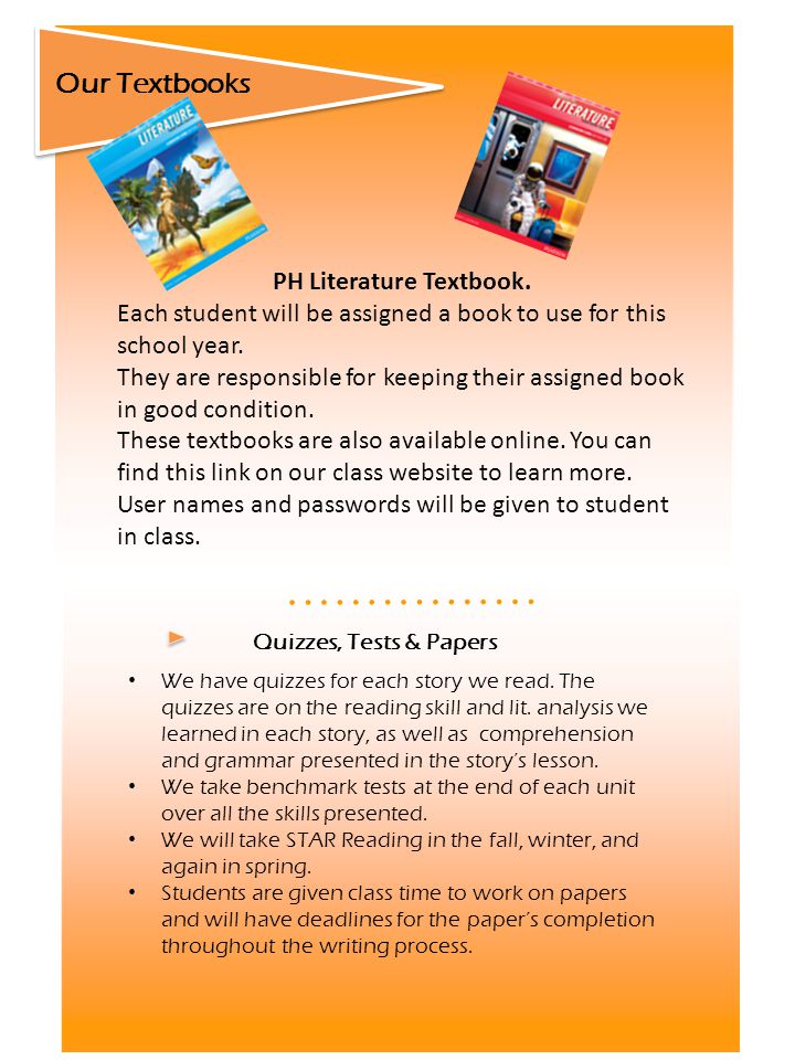 PH Literature Textbook. Each student will be assigned a book to use for this school year.