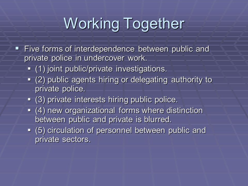 Working Together  Five forms of interdependence between public and private police in undercover work.