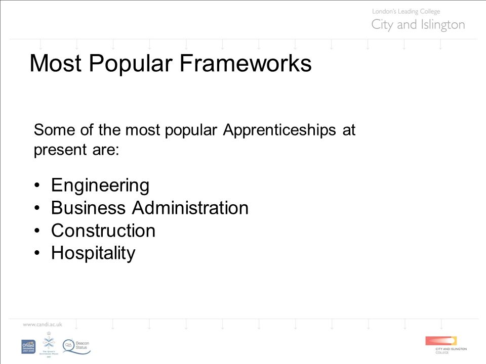Most Popular Frameworks Some of the most popular Apprenticeships at present are: Engineering Business Administration Construction Hospitality