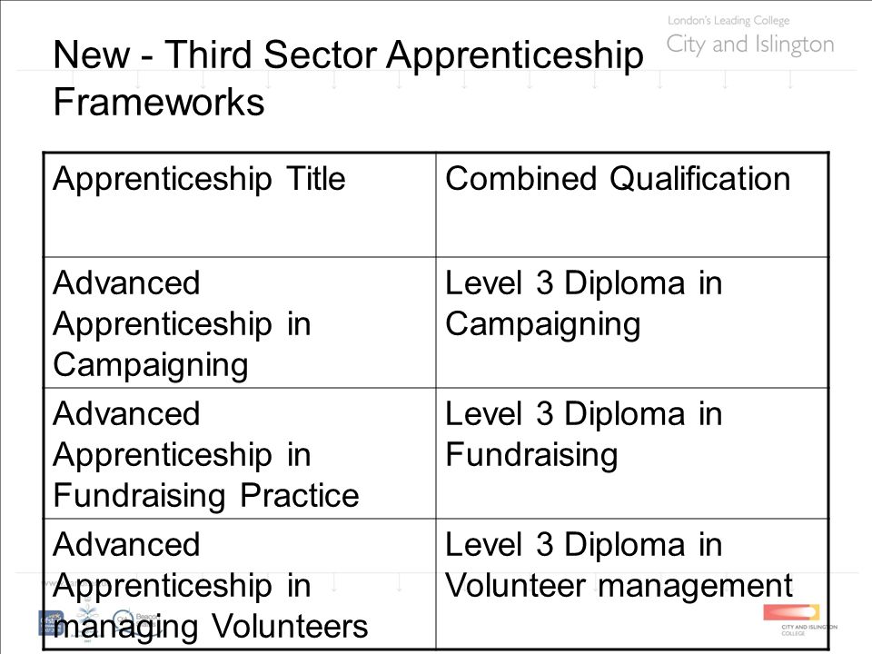 New - Third Sector Apprenticeship Frameworks Apprenticeship TitleCombined Qualification Advanced Apprenticeship in Campaigning Level 3 Diploma in Campaigning Advanced Apprenticeship in Fundraising Practice Level 3 Diploma in Fundraising Advanced Apprenticeship in managing Volunteers Level 3 Diploma in Volunteer management
