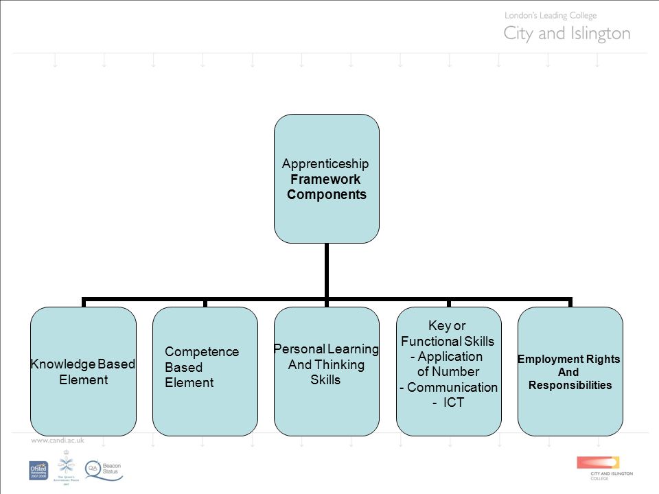 Apprenticeship Framework Components Knowledge Based Element Personal Learning And Thinking Skills Key or Functional Skills - Application of Number - Communication - ICT Employment Rights And Responsibilities Competence Based Element