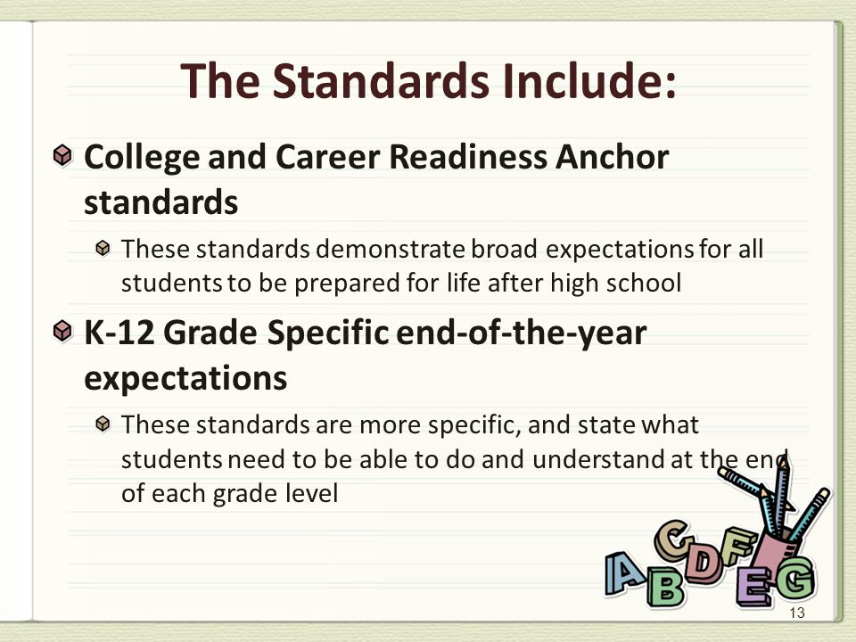 13 The Standards Include: College and Career Readiness Anchor standards These standards demonstrate broad expectations for all students to be prepared for life after high school K-12 Grade Specific end-of-the-year expectations These standards are more specific, and state what students need to be able to do and understand at the end of each grade level