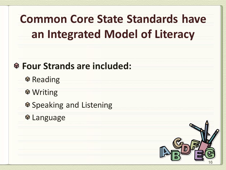 16 Common Core State Standards have an Integrated Model of Literacy Four Strands are included: Reading Writing Speaking and Listening Language