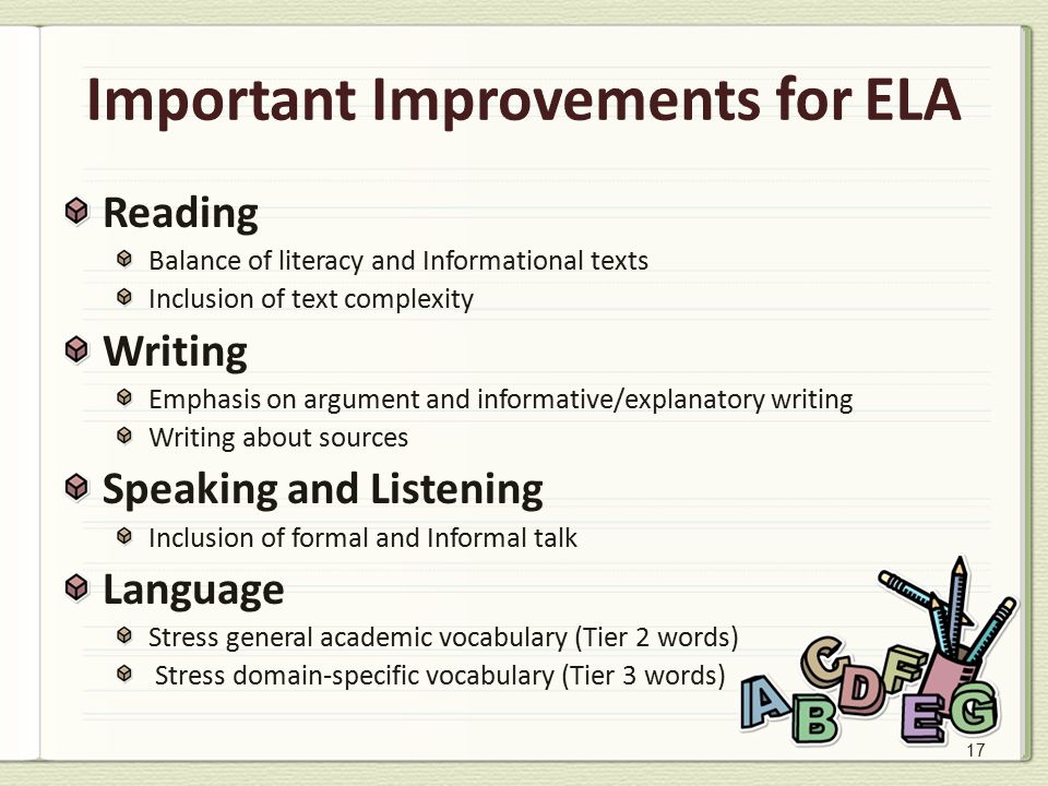 17 Important Improvements for ELA Reading Balance of literacy and Informational texts Inclusion of text complexity Writing Emphasis on argument and informative/explanatory writing Writing about sources Speaking and Listening Inclusion of formal and Informal talk Language Stress general academic vocabulary (Tier 2 words) Stress domain-specific vocabulary (Tier 3 words)
