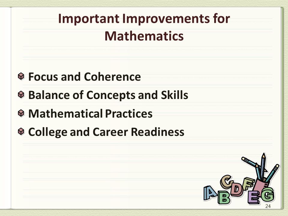 24 Important Improvements for Mathematics Focus and Coherence Balance of Concepts and Skills Mathematical Practices College and Career Readiness