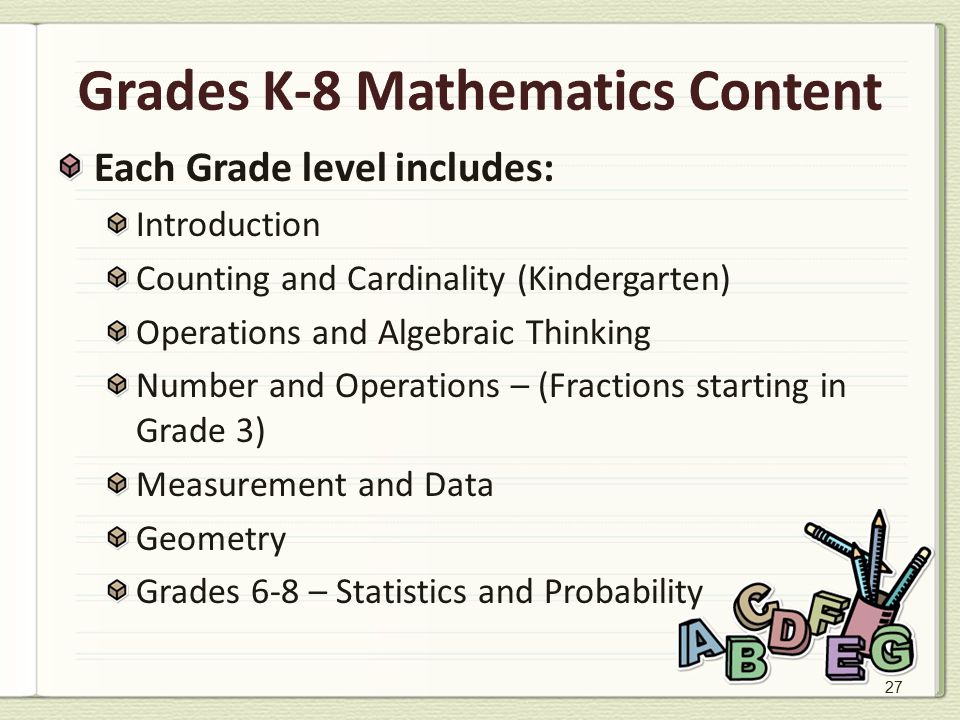27 Grades K-8 Mathematics Content Each Grade level includes: Introduction Counting and Cardinality (Kindergarten) Operations and Algebraic Thinking Number and Operations – (Fractions starting in Grade 3) Measurement and Data Geometry Grades 6-8 – Statistics and Probability