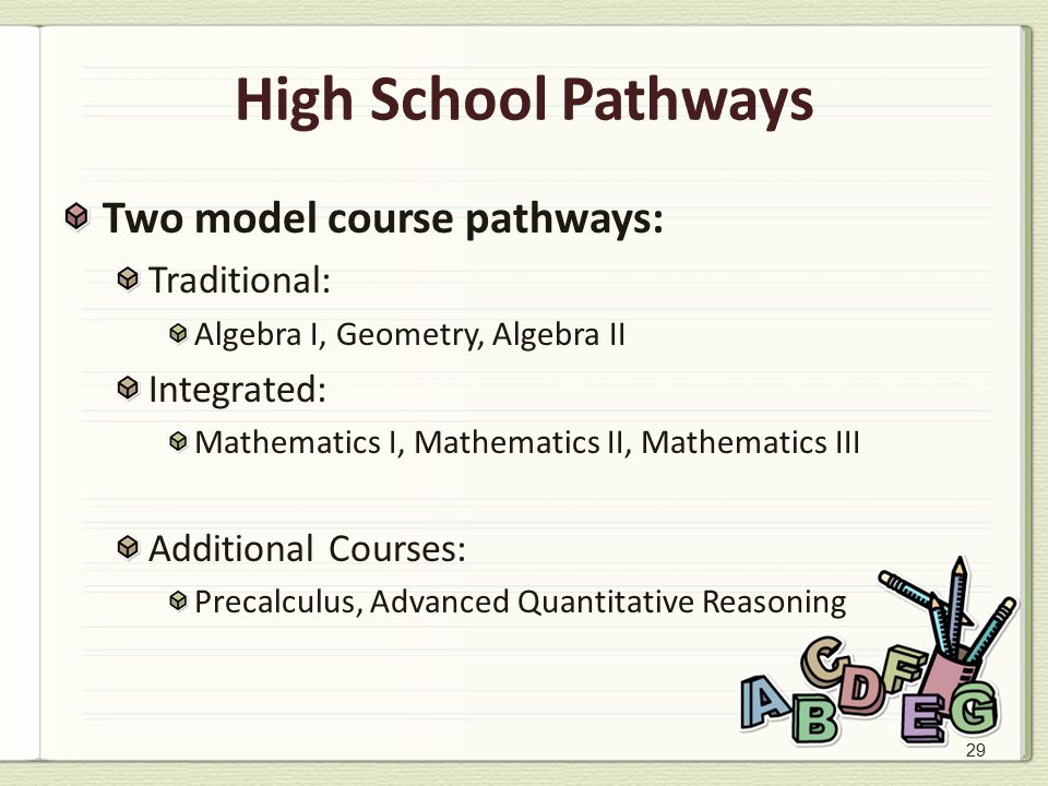 29 High School Pathways Two model course pathways: Traditional: Algebra I, Geometry, Algebra II Integrated: Mathematics I, Mathematics II, Mathematics III Additional Courses: Precalculus, Advanced Quantitative Reasoning