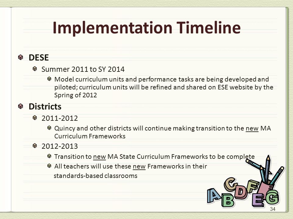 34 Implementation Timeline DESE Summer 2011 to SY 2014 Model curriculum units and performance tasks are being developed and piloted; curriculum units will be refined and shared on ESE website by the Spring of 2012 Districts Quincy and other districts will continue making transition to the new MA Curriculum Frameworks Transition to new MA State Curriculum Frameworks to be complete All teachers will use these new Frameworks in their standards-based classrooms