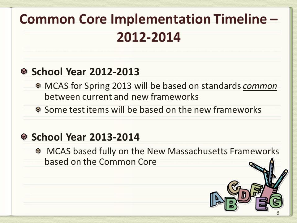 8 Common Core Implementation Timeline – School Year MCAS for Spring 2013 will be based on standards common between current and new frameworks Some test items will be based on the new frameworks School Year MCAS based fully on the New Massachusetts Frameworks based on the Common Core