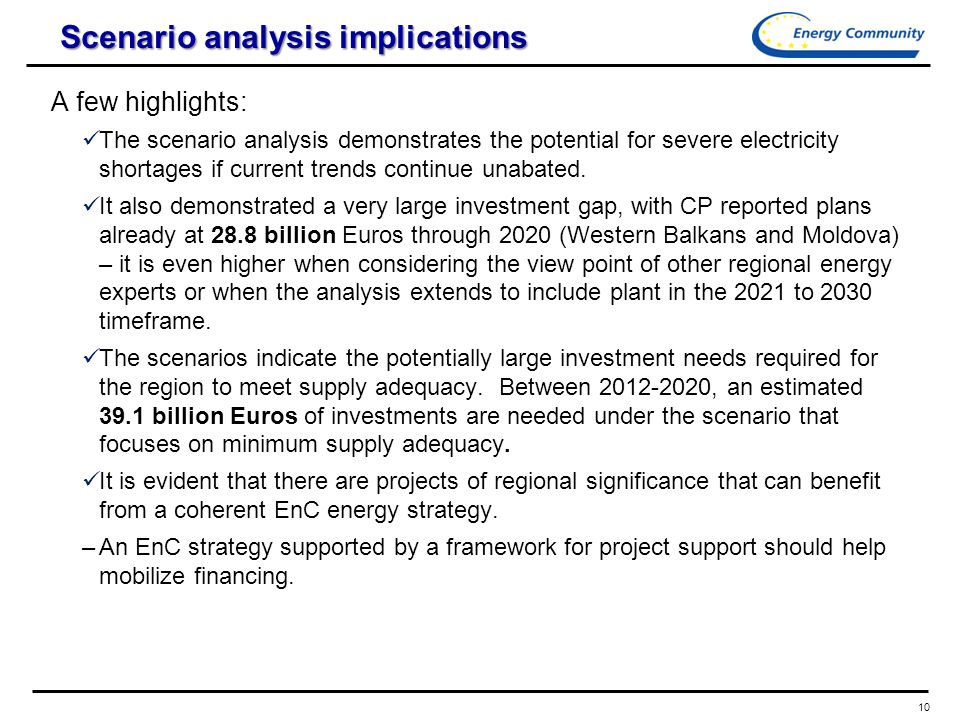 10 Scenario analysis implications A few highlights: The scenario analysis demonstrates the potential for severe electricity shortages if current trends continue unabated.