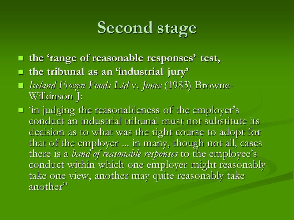 Second stage the ‘range of reasonable responses’ test, the ‘range of reasonable responses’ test, the tribunal as an ‘industrial jury’ the tribunal as an ‘industrial jury’ Iceland Frozen Foods Ltd v.