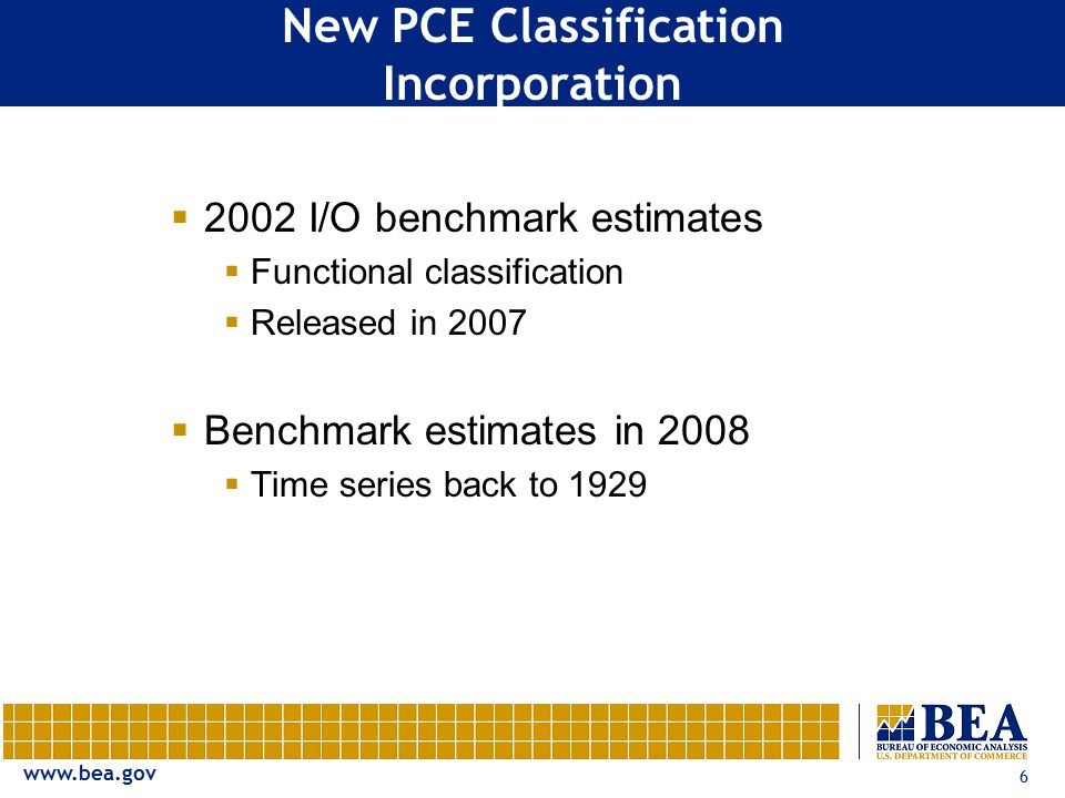 6 New PCE Classification Incorporation  2002 I/O benchmark estimates  Functional classification  Released in 2007  Benchmark estimates in 2008  Time series back to 1929