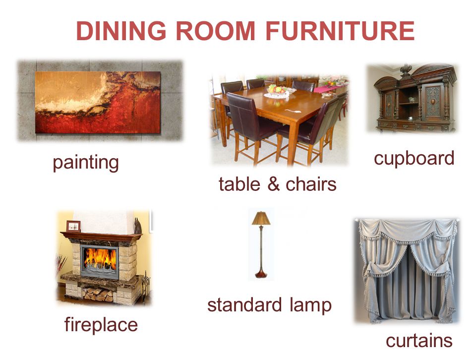 DINING ROOM FURNITURE painting curtains cupboard fireplace table & chairs standard lamp