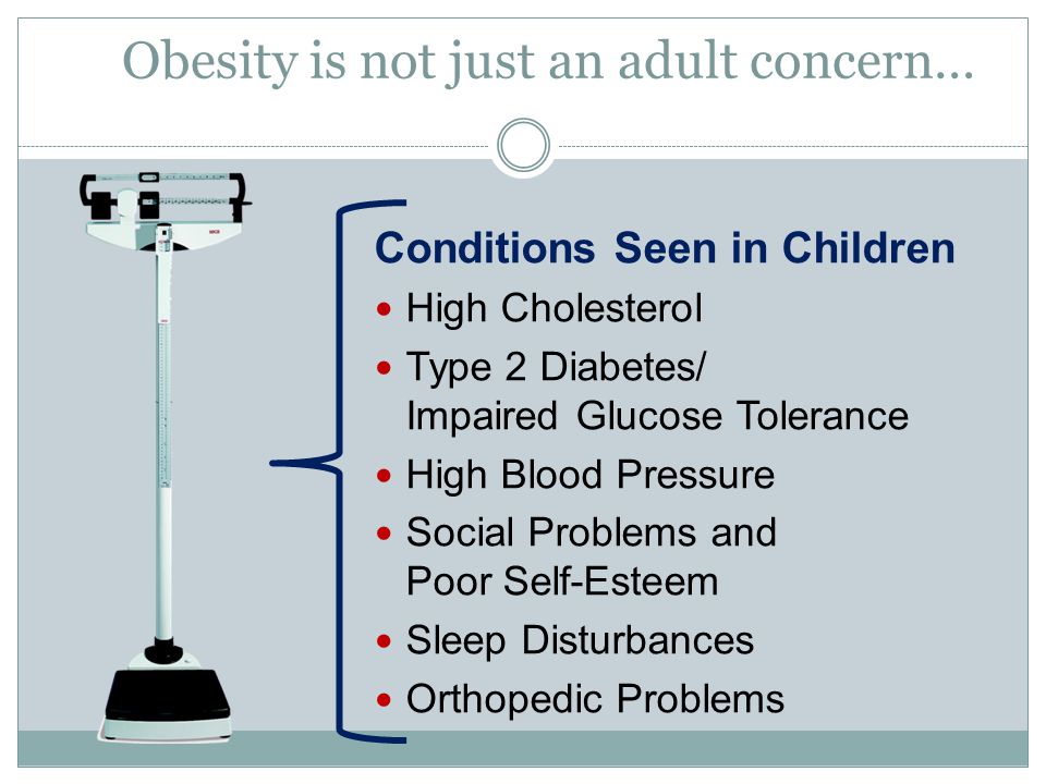 Obesity is not just an adult concern… Conditions Seen in Children High Cholesterol Type 2 Diabetes/ Impaired Glucose Tolerance High Blood Pressure Social Problems and Poor Self-Esteem Sleep Disturbances Orthopedic Problems