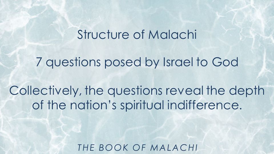 Structure of Malachi 7 questions posed by Israel to God Collectively, the questions reveal the depth of the nation’s spiritual indifference.