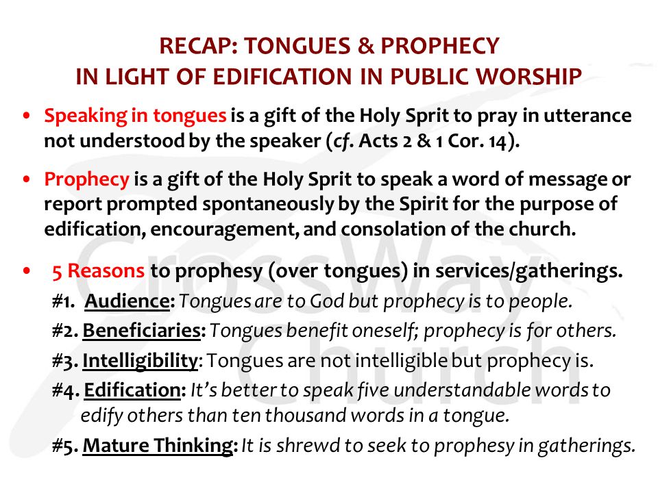 RECAP: TONGUES & PROPHECY IN LIGHT OF EDIFICATION IN PUBLIC WORSHIP Speaking in tongues is a gift of the Holy Sprit to pray in utterance not understood by the speaker (cf.