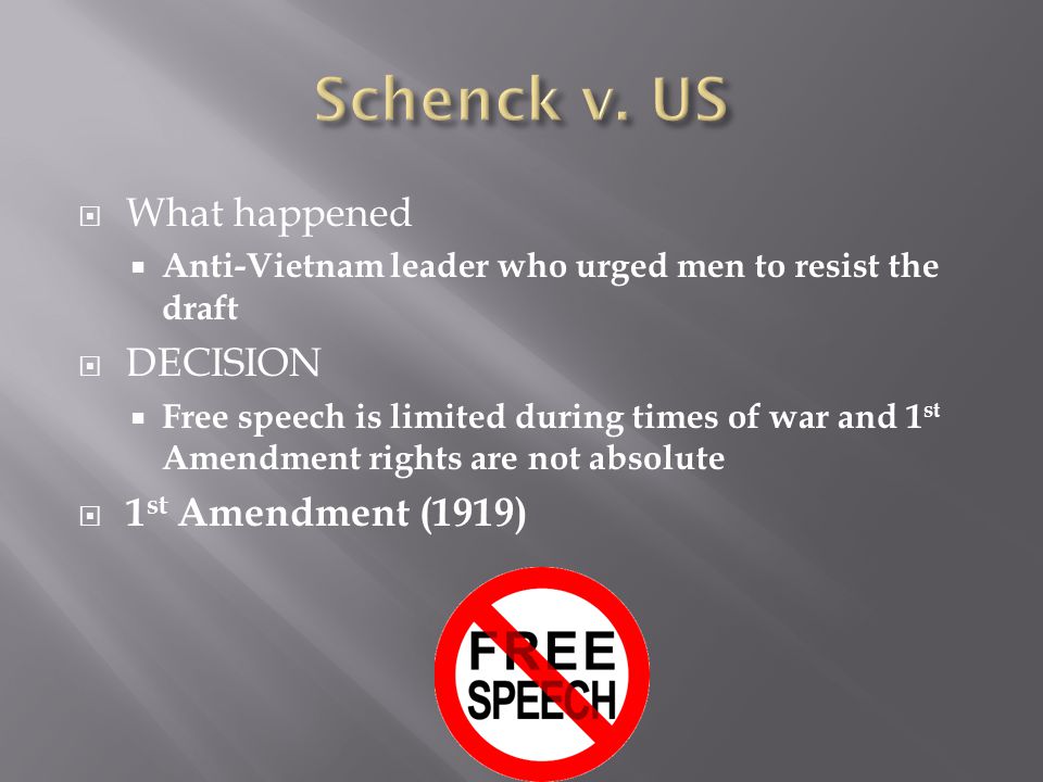  What happened  Anti-Vietnam leader who urged men to resist the draft  DECISION  Free speech is limited during times of war and 1 st Amendment rights are not absolute  1 st Amendment (1919)
