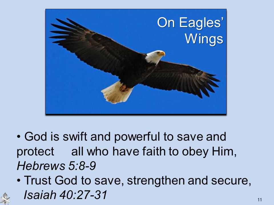 11 On Eagles’ Wings God is swift and powerful to save and protect all who have faith to obey Him, Hebrews 5:8-9 Trust God to save, strengthen and secure, Isaiah 40:27-31
