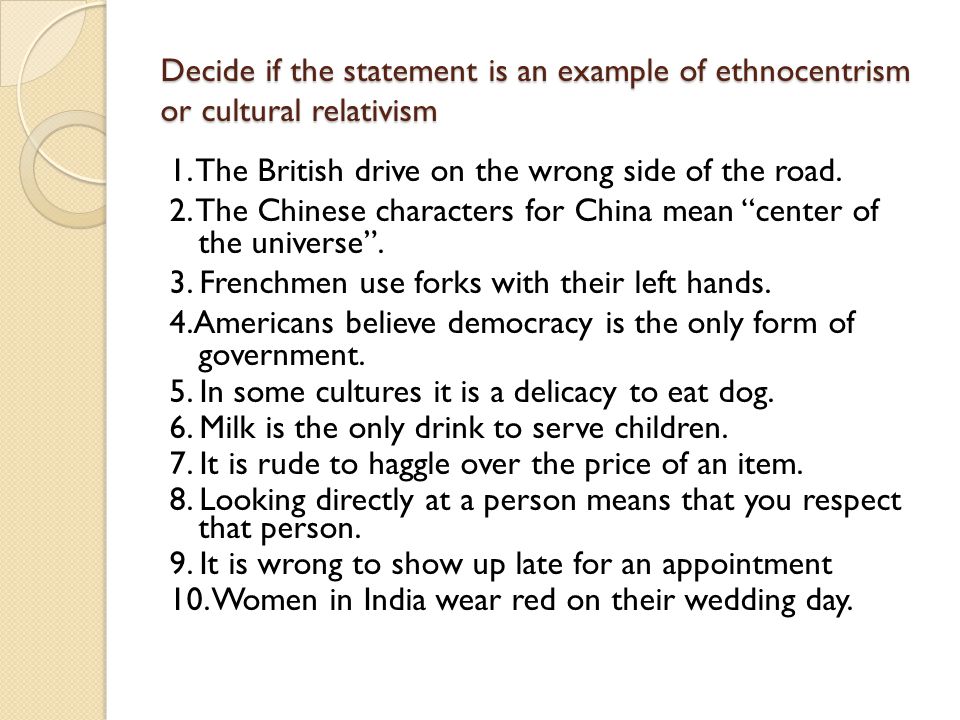 ethnocentrism essay conclusion Ethnocentrism essay - ethnocentrism ethnocentrism is the name given to a tendency to interpret or evaluate other cultures in terms of one's own this tendency has been, perhaps, more prevalent in modern nations than among preliterate tribes. ethnocentrism essay conclusion Ethnocentrism essay - ethnocentrism ethnocentrism is the name given to a tendency to interpret or evaluate other cultures in terms of one's own this tendency has been, perhaps, more prevalent in modern nations than among preliterate tribes.