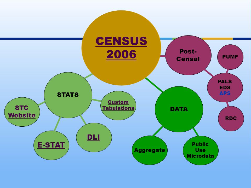 Post- Censal PALS EDS APS PUMF RDC DATA Public Use Microdata Aggregate STATS STC Website E-STAT Custom Tabulations DLI CENSUS 2006
