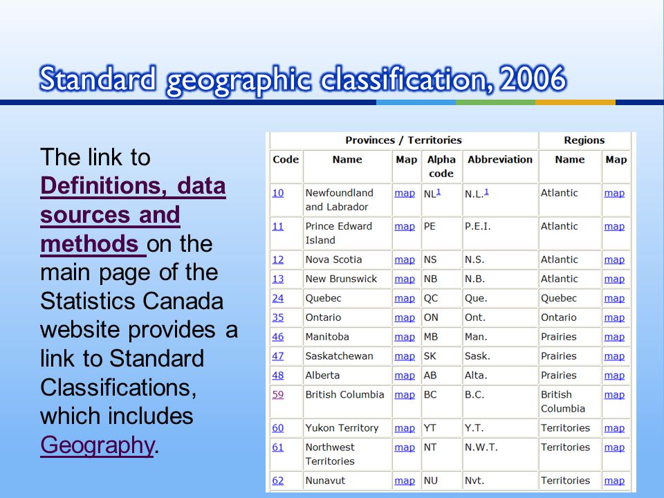 The link to Definitions, data sources and methods on the main page of the Statistics Canada website provides a link to Standard Classifications, which includes Geography.