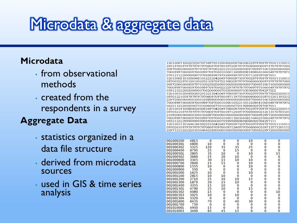 Microdata from observational methods created from the respondents in a survey Aggregate Data statistics organized in a data file structure derived from microdata sources used in GIS & time series analysis
