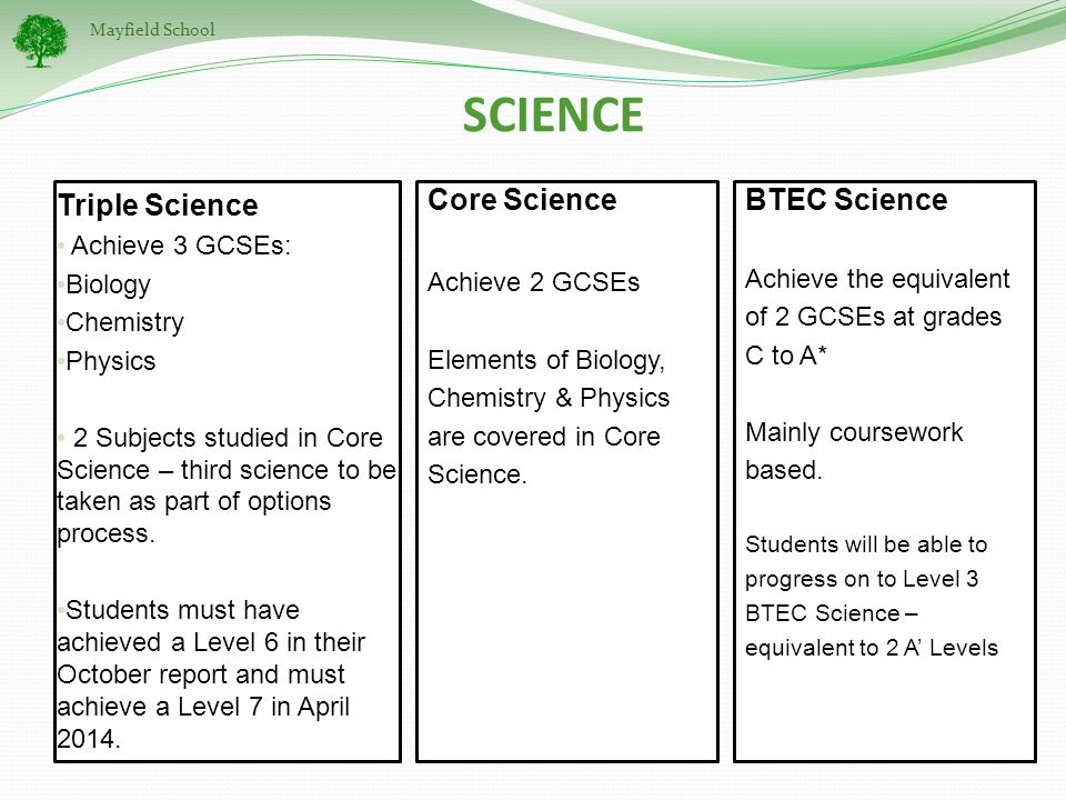 Mayfield School SCIENCE Triple Science Achieve 3 GCSEs: Biology Chemistry Physics 2 Subjects studied in Core Science – third science to be taken as part of options process.