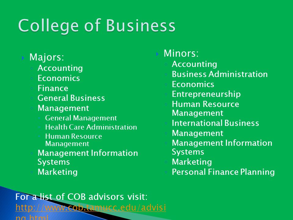  Majors: ◦ Accounting ◦ Economics ◦ Finance ◦ General Business ◦ Management  General Management  Health Care Administration  Human Resource Management ◦ Management Information Systems ◦ Marketing  Minors: ◦ Accounting ◦ Business Administration ◦ Economics ◦ Entrepreneurship ◦ Human Resource Management ◦ International Business ◦ Management ◦ Management Information Systems ◦ Marketing ◦ Personal Finance Planning For a list of COB advisors visit:   ng.html   ng.html