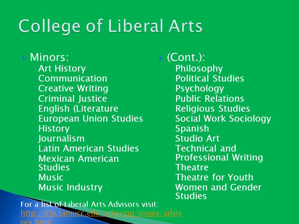  Minors: ◦ Art History ◦ Communication ◦ Creative Writing ◦ Criminal Justice ◦ English (Literature ◦ European Union Studies ◦ History ◦ Journalism ◦ Latin American Studies ◦ Mexican American Studies ◦ Music ◦ Music Industry  (Cont.): ◦ Philosophy ◦ Political Studies ◦ Psychology ◦ Public Relations ◦ Religious Studies ◦ Social Work Sociology ◦ Spanish ◦ Studio Art ◦ Technical and Professional Writing ◦ Theatre ◦ Theatre for Youth ◦ Women and Gender Studies For a list of Liberal Arts Advisors visit:   ors.html