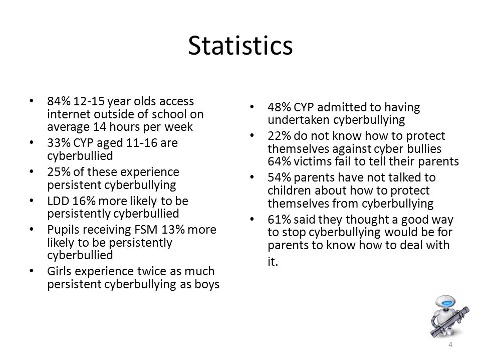 4 Statistics 84% year olds access internet outside of school on average 14 hours per week 33% CYP aged are cyberbullied 25% of these experience persistent cyberbullying LDD 16% more likely to be persistently cyberbullied Pupils receiving FSM 13% more likely to be persistently cyberbullied Girls experience twice as much persistent cyberbullying as boys 48% CYP admitted to having undertaken cyberbullying 22% do not know how to protect themselves against cyber bullies 64% victims fail to tell their parents 54% parents have not talked to children about how to protect themselves from cyberbullying 61% said they thought a good way to stop cyberbullying would be for parents to know how to deal with it.