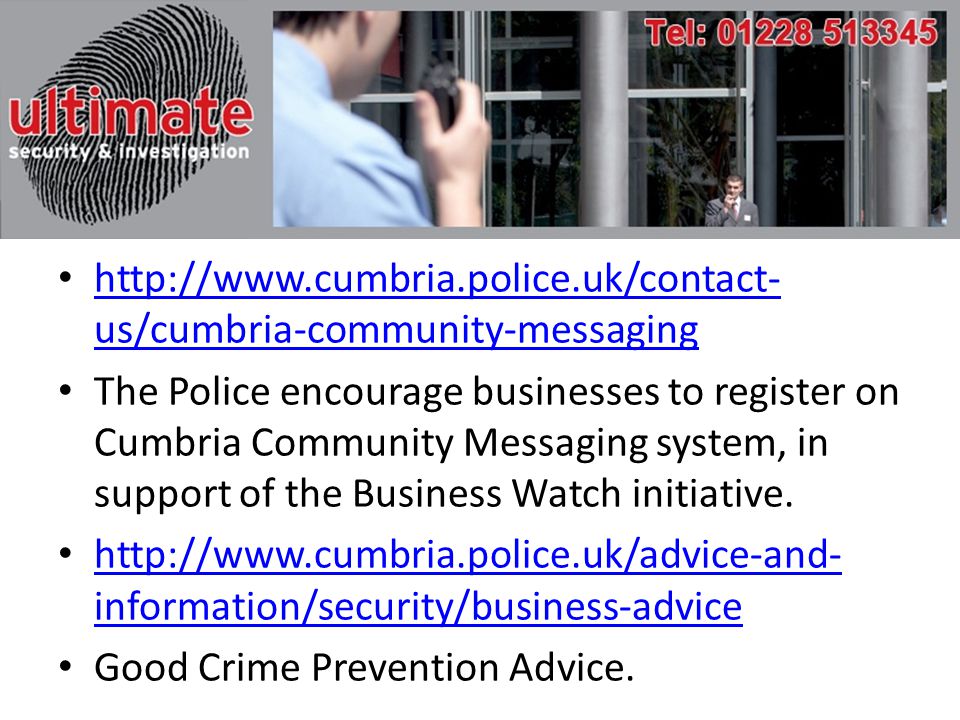 us/cumbria-community-messaging   us/cumbria-community-messaging The Police encourage businesses to register on Cumbria Community Messaging system, in support of the Business Watch initiative.