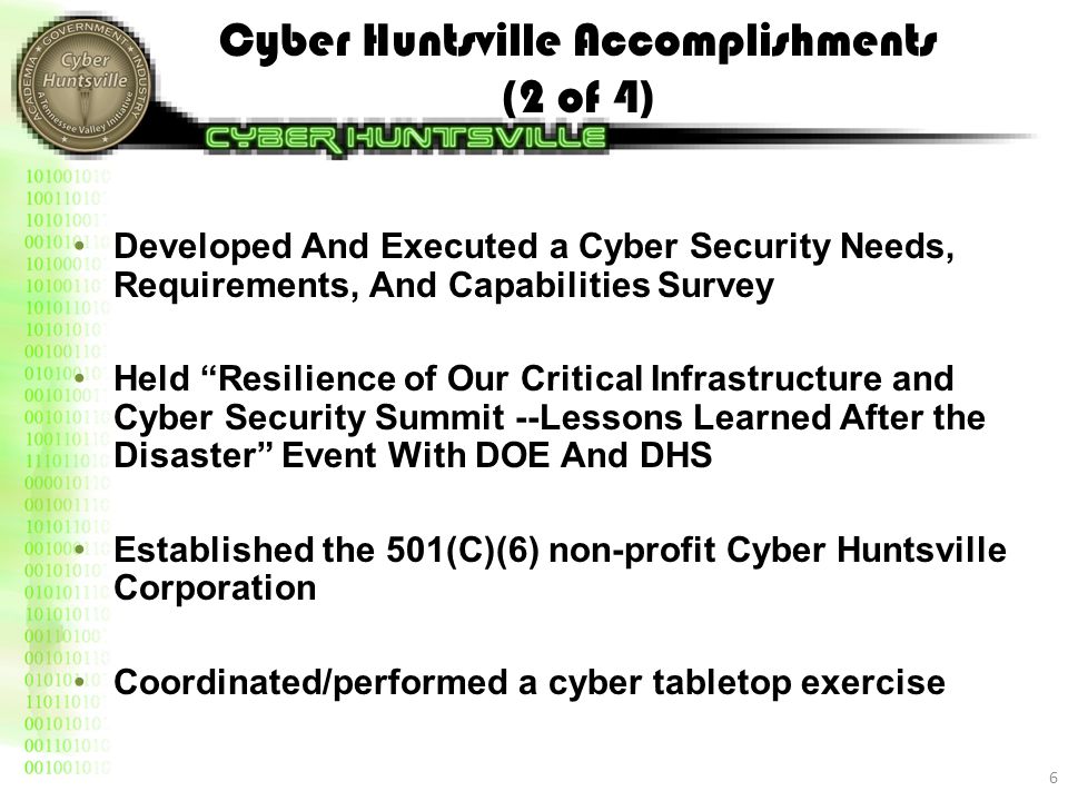 Cyber Huntsville Accomplishments (2 of 4) Developed And Executed a Cyber Security Needs, Requirements, And Capabilities Survey Held Resilience of Our Critical Infrastructure and Cyber Security Summit --Lessons Learned After the Disaster Event With DOE And DHS Established the 501(C)(6) non-profit Cyber Huntsville Corporation Coordinated/performed a cyber tabletop exercise 6