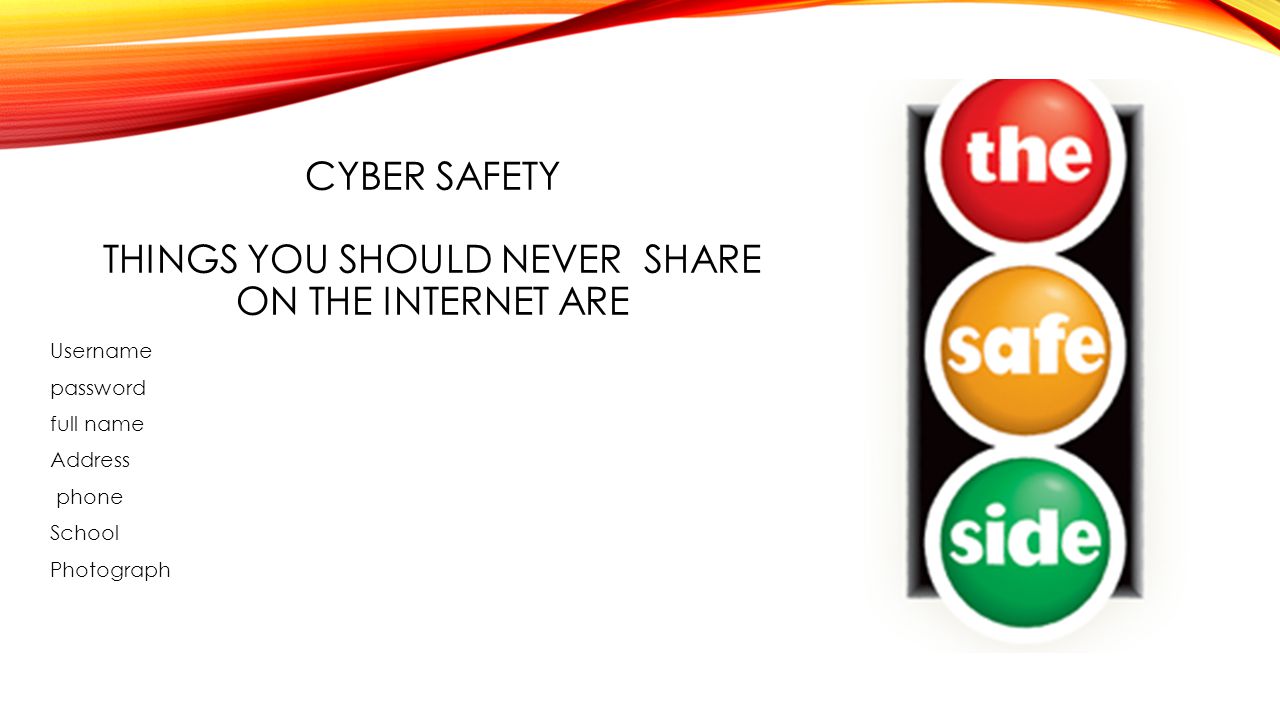 CYBER SAFETY THINGS YOU SHOULD NEVER SHARE ON THE INTERNET ARE Username password full name Address phone School Photograph