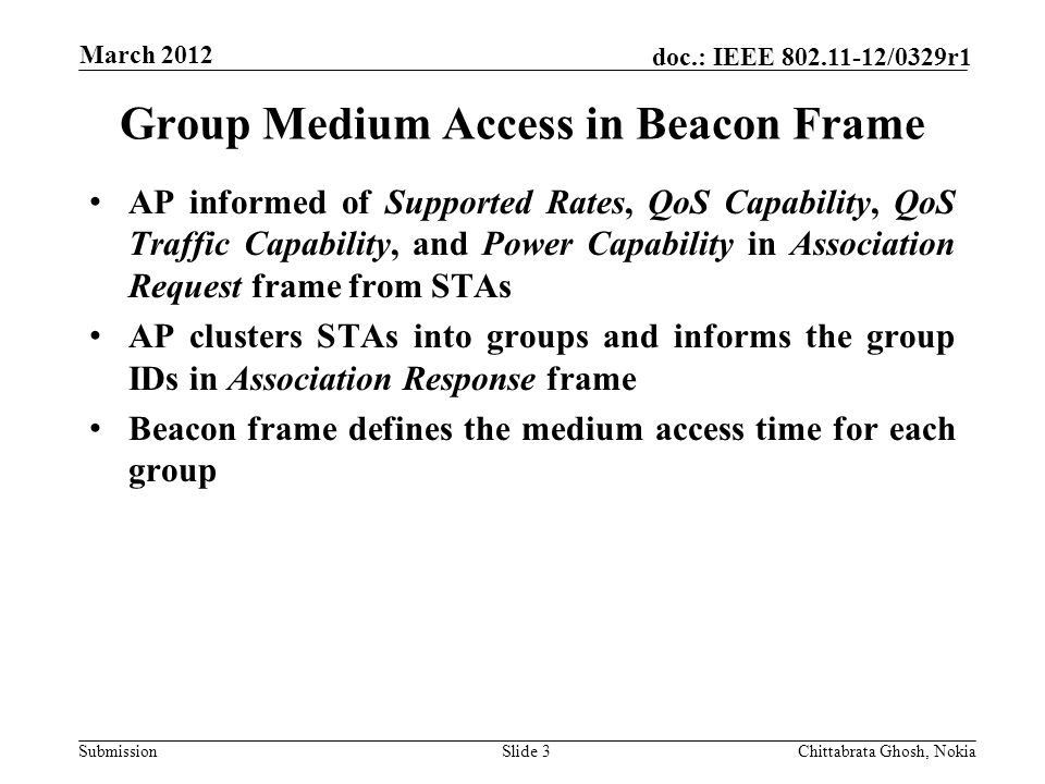 Submission doc.: IEEE /0329r1 Group Medium Access in Beacon Frame Slide 3Chittabrata Ghosh, Nokia March 2012 AP informed of Supported Rates, QoS Capability, QoS Traffic Capability, and Power Capability in Association Request frame from STAs AP clusters STAs into groups and informs the group IDs in Association Response frame Beacon frame defines the medium access time for each group