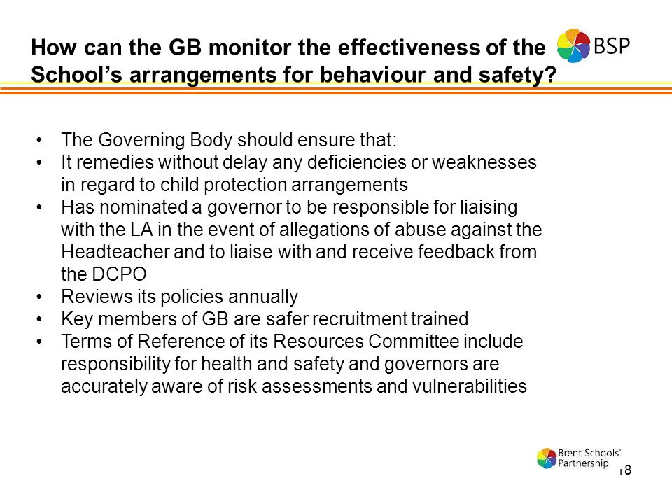 18 How can the GB monitor the effectiveness of the School’s arrangements for behaviour and safety.