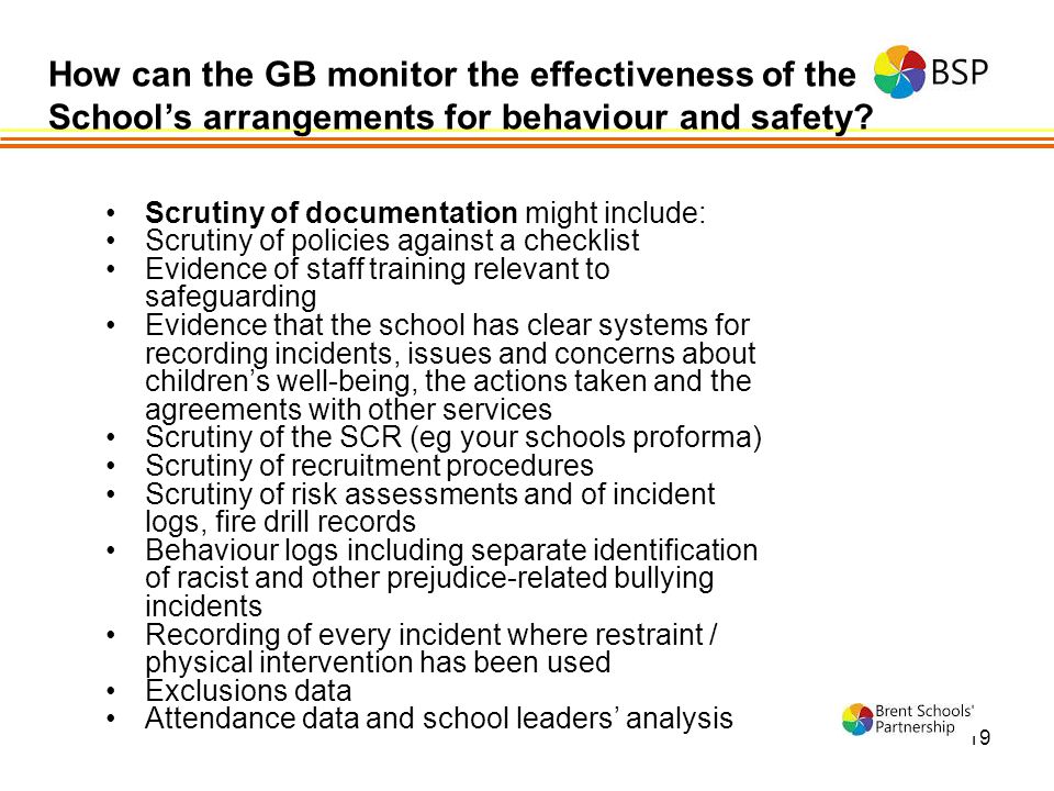19 How can the GB monitor the effectiveness of the School’s arrangements for behaviour and safety.