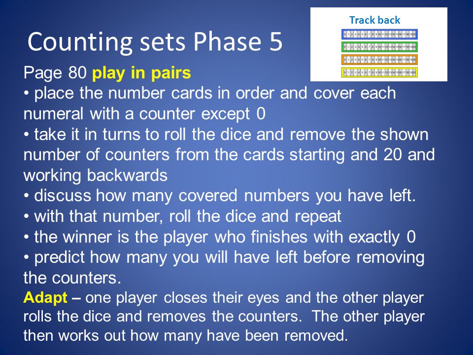Counting sets Phase 5 Page 80 play in pairs place the number cards in order and cover each numeral with a counter except 0 take it in turns to roll the dice and remove the shown number of counters from the cards starting and 20 and working backwards discuss how many covered numbers you have left.