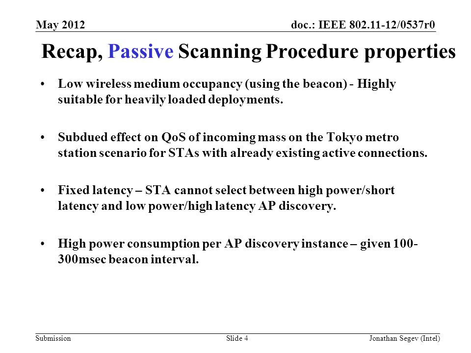 doc.: IEEE /0537r0 Submission Recap, Passive Scanning Procedure properties Low wireless medium occupancy (using the beacon) - Highly suitable for heavily loaded deployments.
