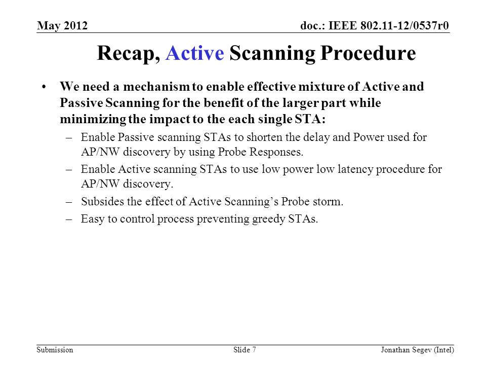 doc.: IEEE /0537r0 Submission Recap, Active Scanning Procedure We need a mechanism to enable effective mixture of Active and Passive Scanning for the benefit of the larger part while minimizing the impact to the each single STA: –Enable Passive scanning STAs to shorten the delay and Power used for AP/NW discovery by using Probe Responses.