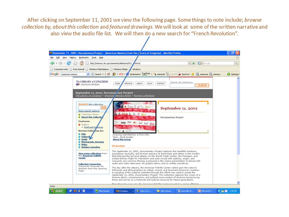 After clicking on September 11, 2001 we view the following page.