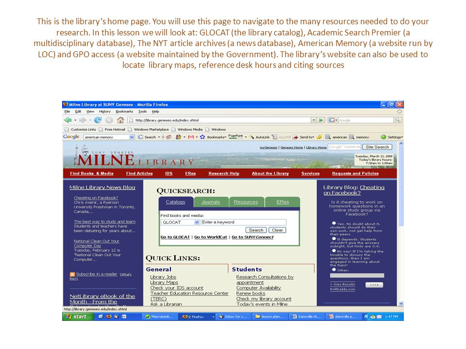 This is the library’s home page.