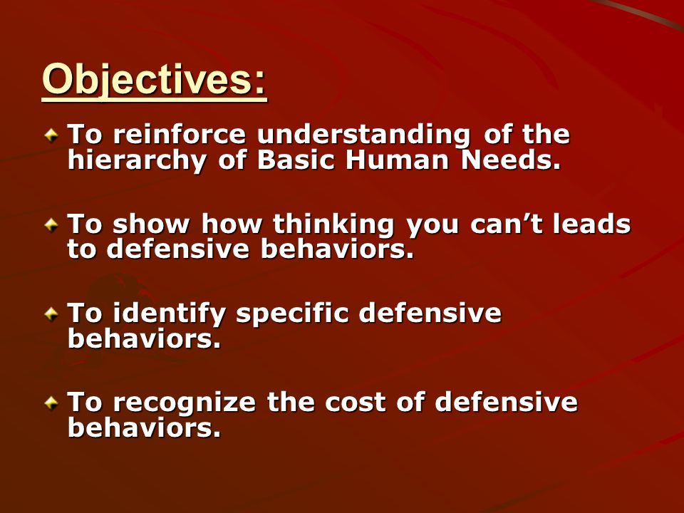 Objectives: To reinforce understanding of the hierarchy of Basic Human Needs.