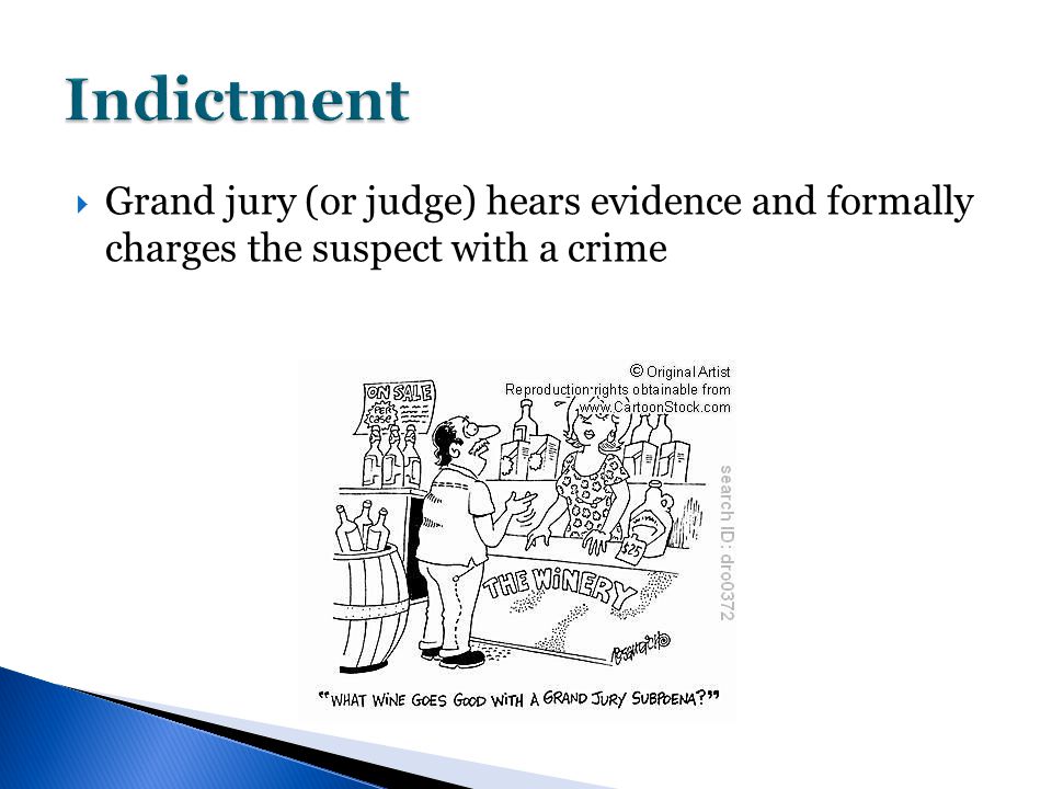  Grand jury (or judge) hears evidence and formally charges the suspect with a crime