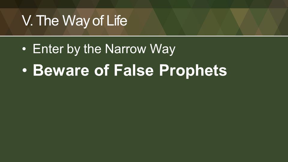 V. The Way of Life Enter by the Narrow Way Beware of False Prophets