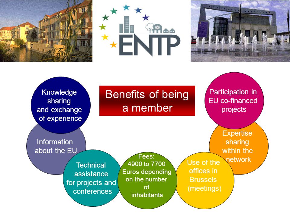 Benefits of being a member Information about the EU Expertise sharing within the network Knowledge sharing and exchange of experience Participation in EU co-financed projects Technical assistance for projects and conferences Use of the offices in Brussels (meetings) Fees: 4900 to 7700 Euros depending on the number of inhabitants
