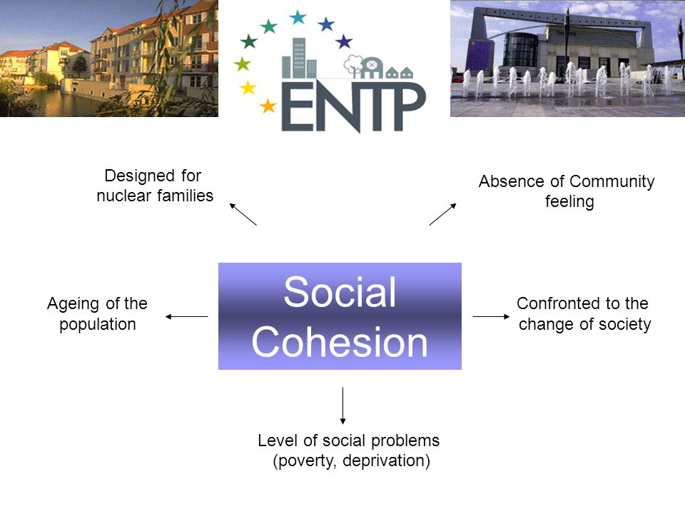 Social Cohesion Absence of Community feeling Designed for nuclear families Confronted to the change of society Ageing of the population Level of social problems (poverty, deprivation)