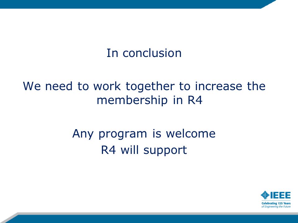 In conclusion We need to work together to increase the membership in R4 Any program is welcome R4 will support